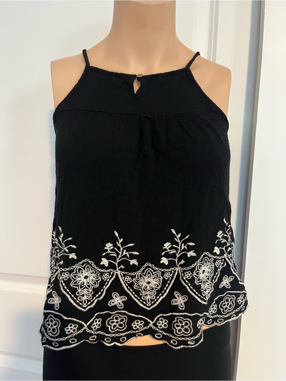 Chloe & Katie Black Camisole with White Embroidered Hem